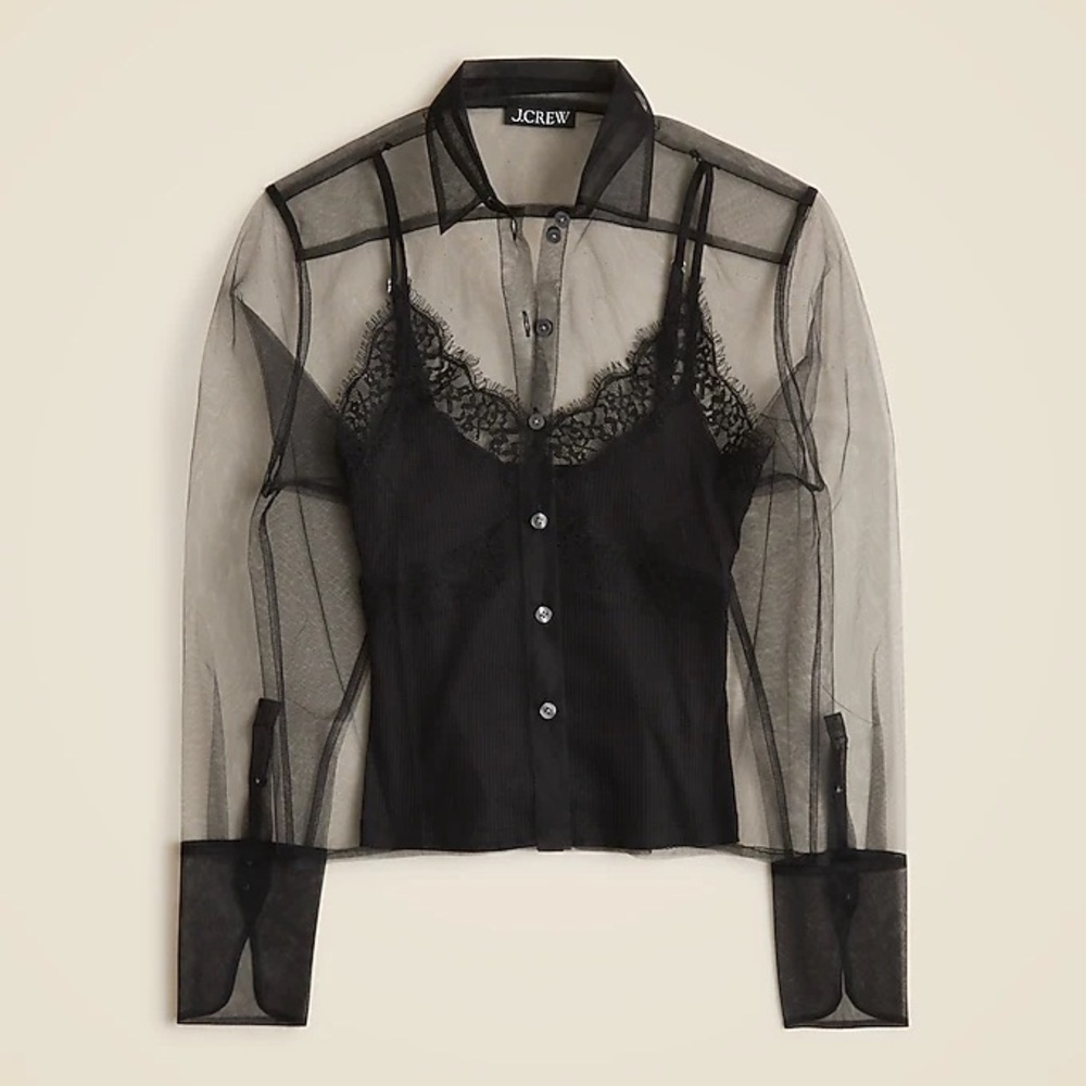 J.Crew Black Mesh Overlay Cropped Blouse with Lace Trim